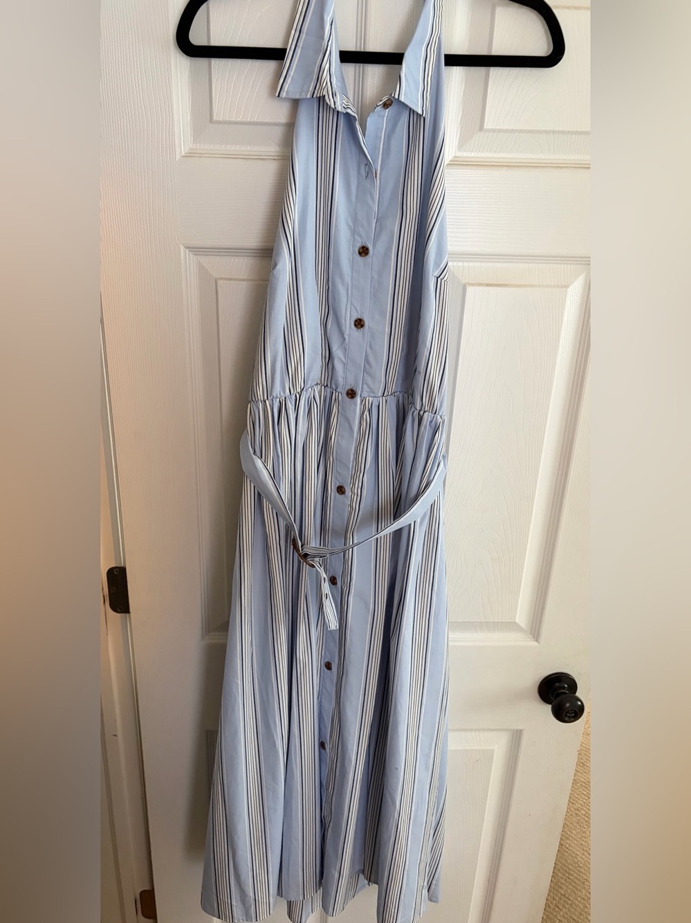 Sperry Light Blue and White Striped Button-Front Halter Maxi Dress